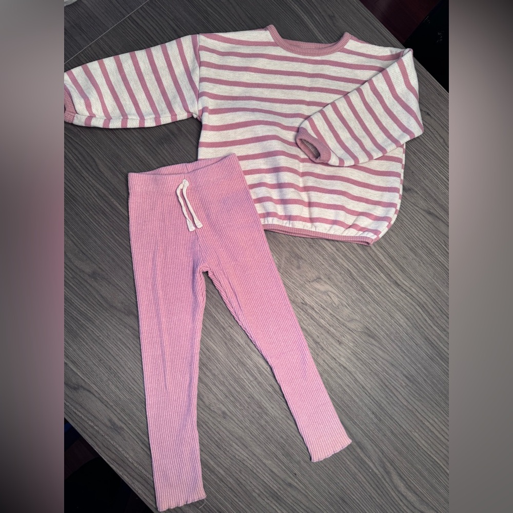 Zara Pink and White Striped Knit Top with Pink Ribbed Leggings